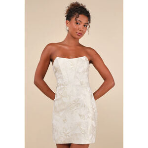 Lulus Enchanting Bombshell Cream Floral Jacquard Strapless Mini Dress White